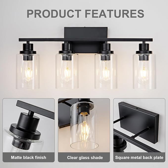 4 Light Black Bathroom Vanity Light Fixture Over Mirror Modern Farmhouse Wall Lighting Sconces Industrial Wall Lamp for Bathroom Bedroom Living Room E26 Socket with Glass Shade