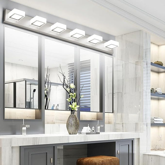 Ralbay Brushed Nickel Bathroom Vanity Lights 48inch Metal Acrylic LED Modern Bathroom Wall Lighting Fixtures Over Mirror Brushed Nickel (White Light 6000K, Non-dimmable)