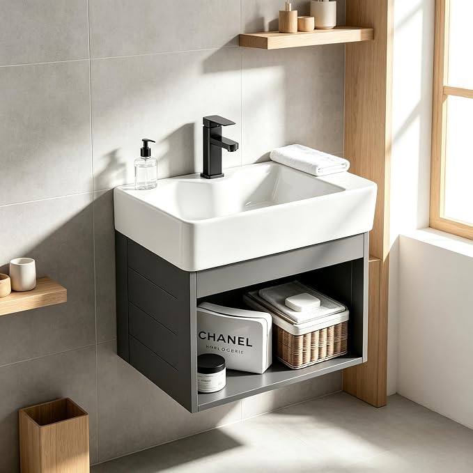 15-inch wall-Mounted Compact Bathroom Vanity, Open-Style mini Bathroom Vanity, Designed specifically for Compact bathrooms