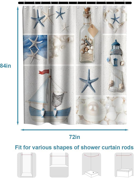 Beach Extra Long Shower Curtain Modern Ocean Nautical Summer Theme Fabric Nature Summer Bathroom Decor Sets with Grommets and Hooks 72 W x 84 H Inches Blue and White