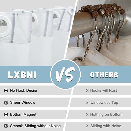 No Hook Shower Curtain with Liner, Grey Shadow, 71 x 74 Inch | Stripe Pattern,Waterproof,Quick Dry,Mesh Top Window,Bottom Magnets,Hotel Style,Machine Washable,Modern,for Bathroom