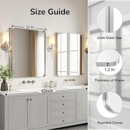 Brushed Nickel Bathroom Mirror 22"x30" | Silver Rectangle Vanity Mirrors for Bathroom Sink, Aluminum Frame, Anti-Rust, Tempered Glass, Horizontal or Vertical