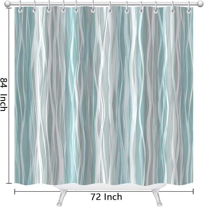 Moonslim Teal Grey Ombre Shower Curtain, Modern Wavy Abstract Striped Line Bathroom Curtain, Waterproof Fabric Bath Decor, 72 x 84 Inch
