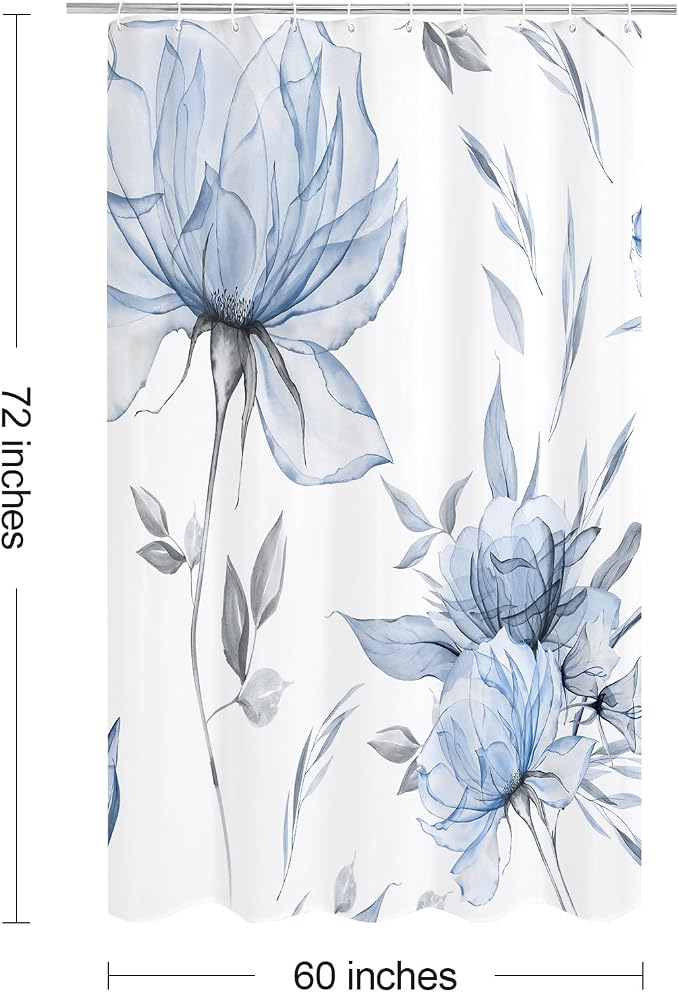 Litabel Blue and Grey Boho Watercolor Floral Shower Curtain, Ink Painting Style Blossom & Leaf Shower Curtains for Chic Elegant Bathroom, Artistic Fabric Cloth Flower Shower Curtain, 60 x 72