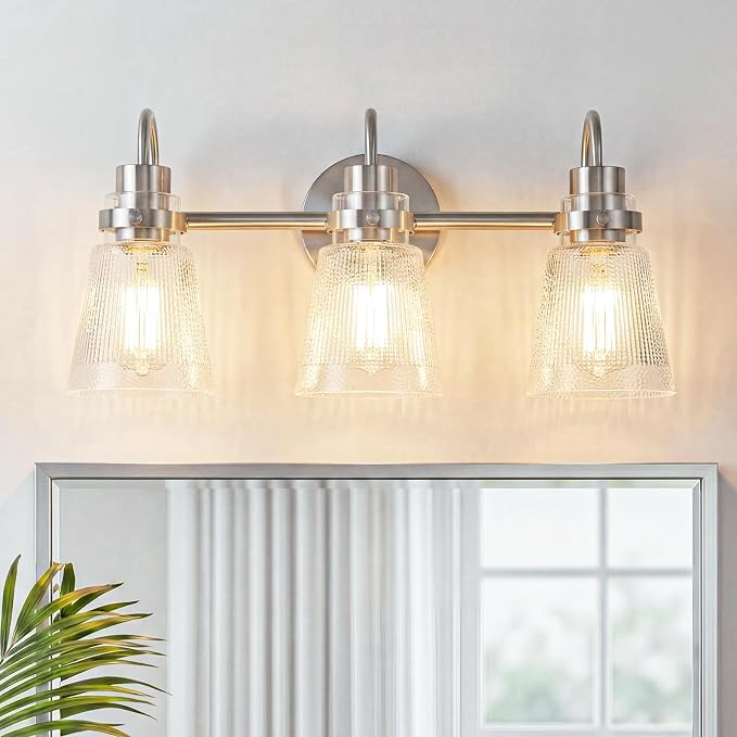 Brushed Nickel Bathroom Light Fixtures, 18.8 Inch Modern Vintage Vanity Lights with Clear Striped Glass Shade, 3-Light Bathroom Wall Sconce Over Mirror for Entryway Bedroom