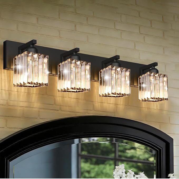 Black Crystal Bathroom Vanity Light, 4-Light Modern Bathroom Lighting Fixtures Over Mirror, Matte Black Wall Sconce Light Fixtures with Square Shade