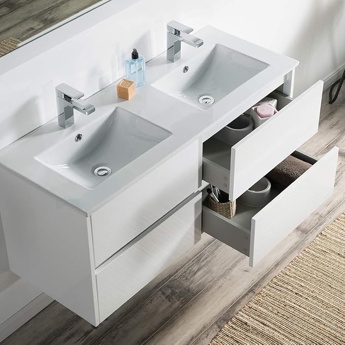 Blossom 48 Inch Double Bathroom Vanity Cabinet with Ceramic Sink, Wall Mounted Floating Vanity Cabinet, All Wood Bathroom Storage Organizer, Soft-Closing U-Shaped Cutout Drawers, Glossy White