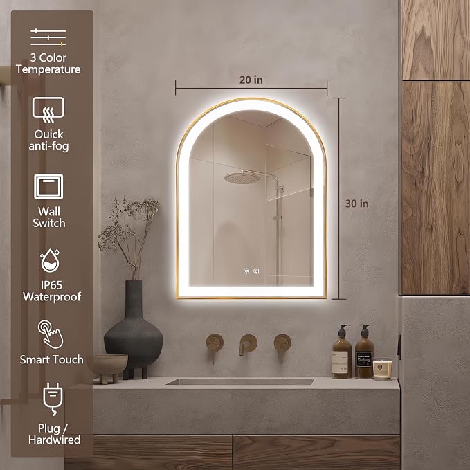 Arched LED Bathroom Mirror, 32"x20" Arch Backlit Vanity Mirror with Lights, Frontlit, Dimmable, 3 Colors, Memory Function, Anti-Fog Smart Mirror, Gold Frame, Shatterproof, UL Listed