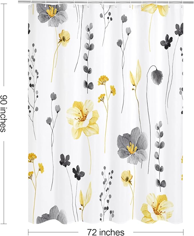 Yellow Beige Watercolor Floral Fabric Shower Curtain, 72x90 | Waterproof Fabric, Modern Minimalist Floral Print, Machine Washable, Rustproof Grommets, for Bathroom Home, Extra Long
