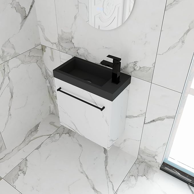 20'' Wall Mount Bathroom Vanity, 20 Inch Floating Single Sink Bathroom Combo, with Black Resin Sink and Soft Closing Cabinet Door and Open Storage Shelf, Carrara White
