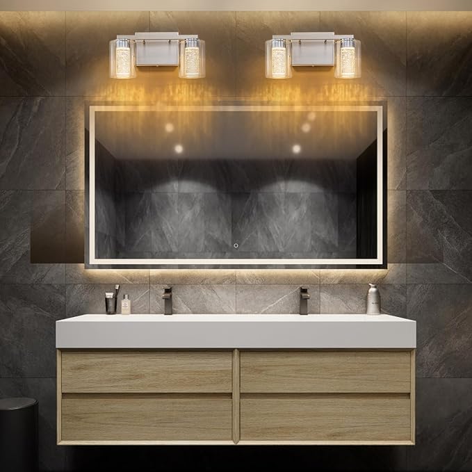 SineRise 2-Light Brushed Nickel Vanity Light with 3 Color Modes (3000K/4000K/6000K), Eye Protection LED Bathroom Light Fixture, Dimmable Modern Wall Light Over Mirror with Clear Glass Shade