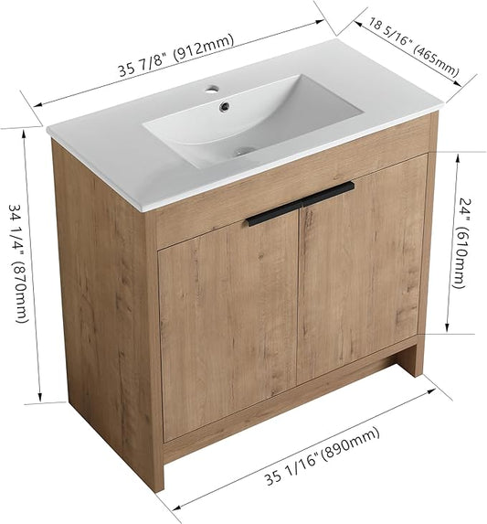 SSLine 36-Inch Bathroom Vanity with Sink Mid-Century Bathroom Vanities with Top Basin Floor Wood Bathroom Sink Cabinet with Soft-Close Doors & Adjustable Storage Shelves (Natural Brown)