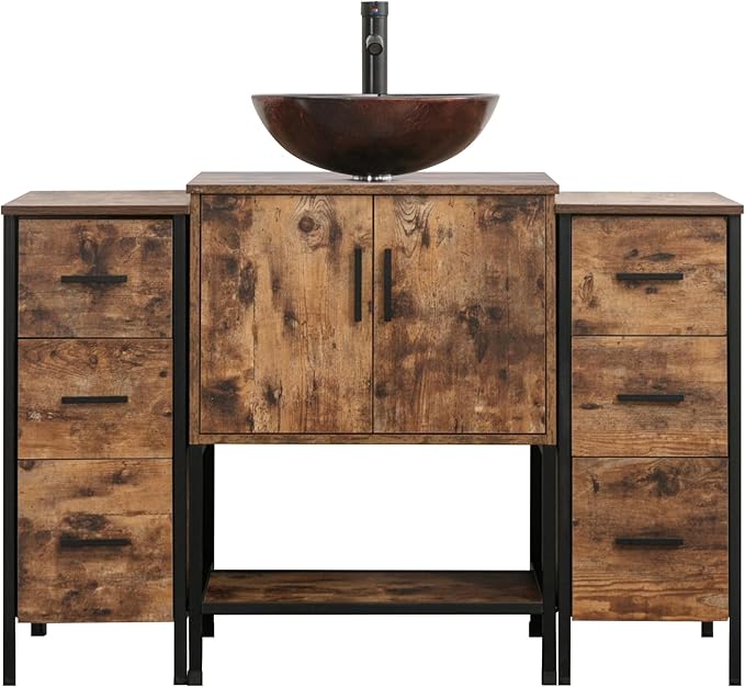 UEV 48" Antique Bathroom Vanity, Dark Brown Bathroom Vanity Set with Sink and 3 Drawers Side Cabinet Combo, Iron Wood Bathroom Cabinet with Adjustable Water Temperature Faucet (A09)