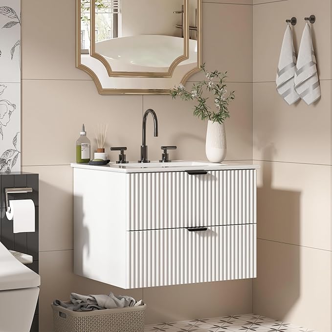 24 inch Bathroom Vanity with Sink, Floating Bathroom Vanity, Wall Mounted Modern Vanity with Ceramic Sink & Soft-Close Drawers, Floating Storage Cabinet with Sink for Small Space, White