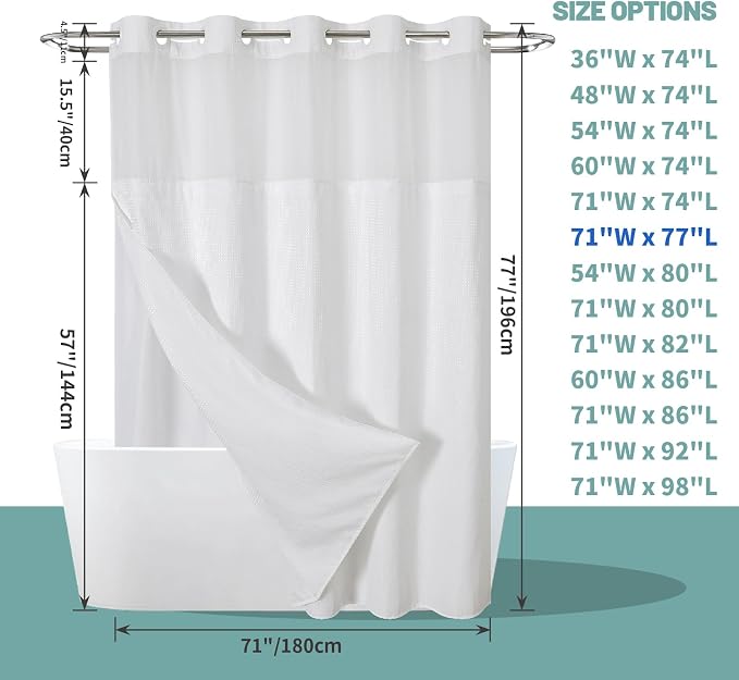 eachope No Hook Waffle Shower Curtain with Snap-in Liner, 71x77 Inch, White | 230 GSM waffle weave fabric, waterproof liner set with 2 bottom magnets, mesh top window, washable, for bathroom or hotel use