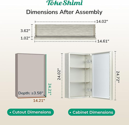 TokeShimi 14 x 24 Brushed Nickel Recessed Medicine Cabinet with Mirror, Assembly Required, Bathroom Medicine Cabinet with Mirror, Stepless Adjustable Shelves, Beveled Aluminum Frame, DTC Hinge