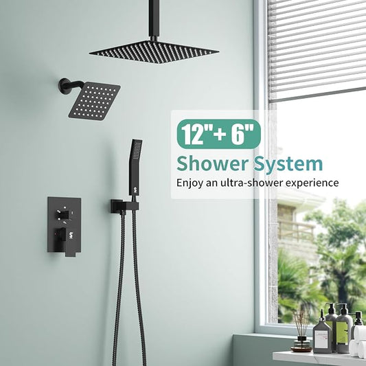 Shower Faucet Set Shower System - SR SUN RISE Matte Black Shower Trim Kit with Dual Shower Head, 12'' Ceiling Rainfall 6'' Wall Mount with Handheld Shower for Couples, Complete 6 Diverter Valve
