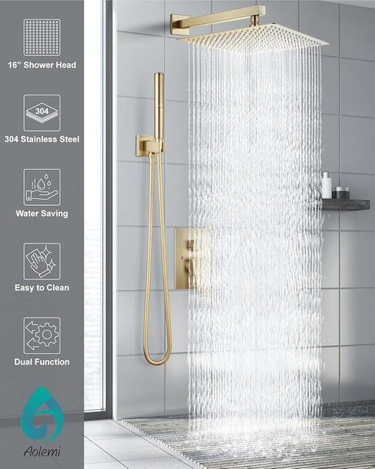 Aolemi Shower System with Rain Head and Handheld,16-Inch,Brushed Gold | High-Pressure Shower Faucet Set with Dual-Function Handheld,Rough-In Valve,1.8 GPM,Wall-Mount Trim Kit