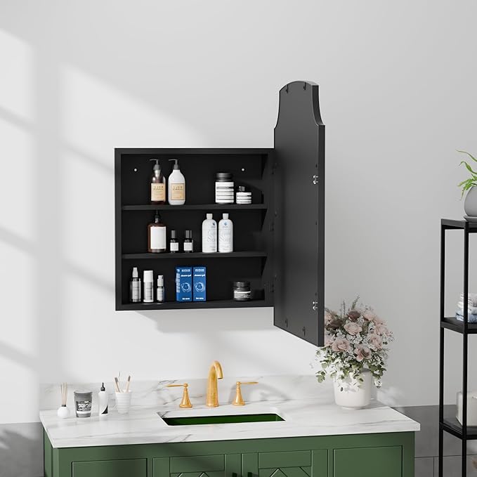 Casaphoria 30" H x 20" W Arched Bathroom Medicine Cabinet with Mirror, Metal Frame Wall Medicine Cabinets Mirrors, Wall Mirror Cabinet, Black