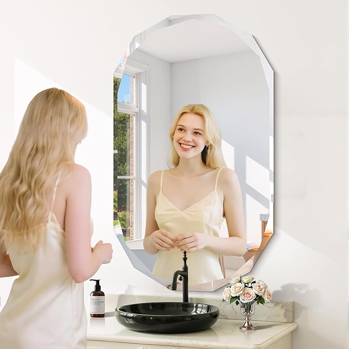 GLASHOM Frameless Oval Bathroom Mirror, 48x28 Inch Vanity Mirror for Over Sink with Beveled Edge, Decorative Wall Mirror for Bedroom, Living Room and Entryway, Hangs Horizontally or Vertically