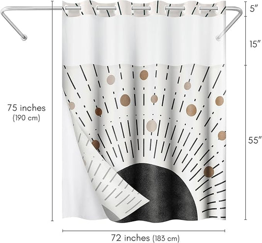 Americanflat 72x75 Hookless Shower Curtain - Water-Resistant Modern Boho Shower Curtain with Sheer Panel, Snap-in Liner, and Grommets - 100% Polyester - Black, Bronze, and White
