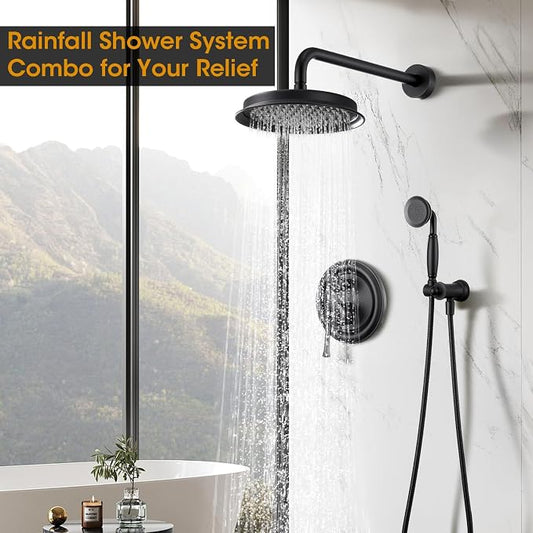 Shower System with Balance Pressure Valve, Antique, Luxury, Black | 9 Inch Shower Faucet Set, High Pressure Shower Head, Shower Valve and Trim Kit, Wall Mount, Bathroom, Handheld Spray