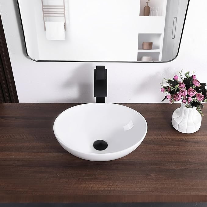 Oval Vessel Sink 16" x 13" Countertop Bathroom Sinks Modern Egg Shape Above Counter White Ceramic Small Sink Vessel Sinks for Bathrooms