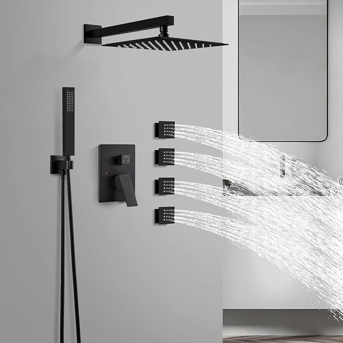 gotonovo Rainfall Shower System with Full Body Jets 4pcs Matte Black | 12’’ Rainfall Shower Head with Handheld Spray Combo,Wall Mount,Rough-in Valve and Trim Kit,Brass Body Message Jets,All Metal
