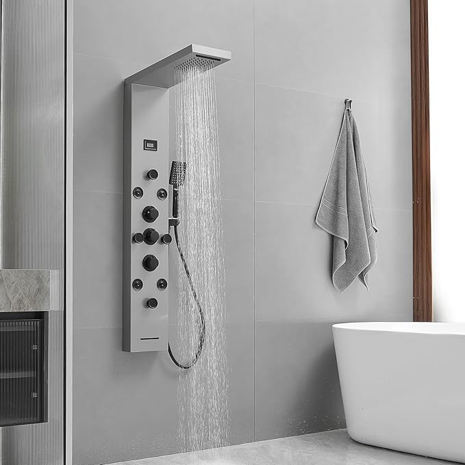 Shower Panel Rain Massage System with Adjustable Body Jets Mist Spray 6 in 1 Functions, Wall-Mount Shower Column Bathroom Shower Panel Tower System, Brushed Nickel and Black