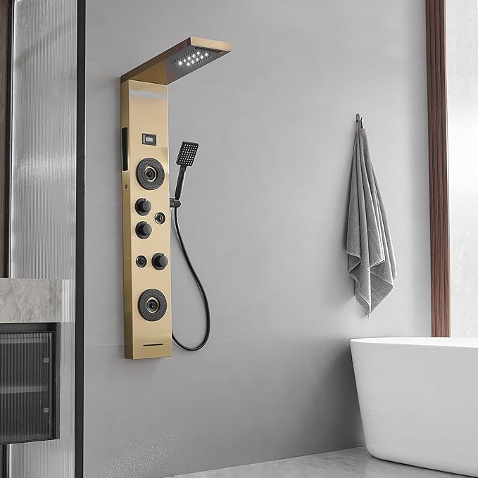 Brushed Gold Shower Panel LED Rainfall Waterfall Shower Head | 6 Functions,Rain Massage,Body Jets,Handheld Shower,Tub Spout,Temperature Display,Wall Mount, Stainless Steel Shower Panel