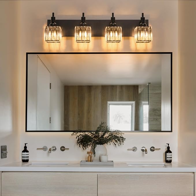 Black Crystal Bathroom Vanity Light 4-Light Modern Bathroom Lighting Fixtures Over Mirror Black Wall Sconce with Square Shade