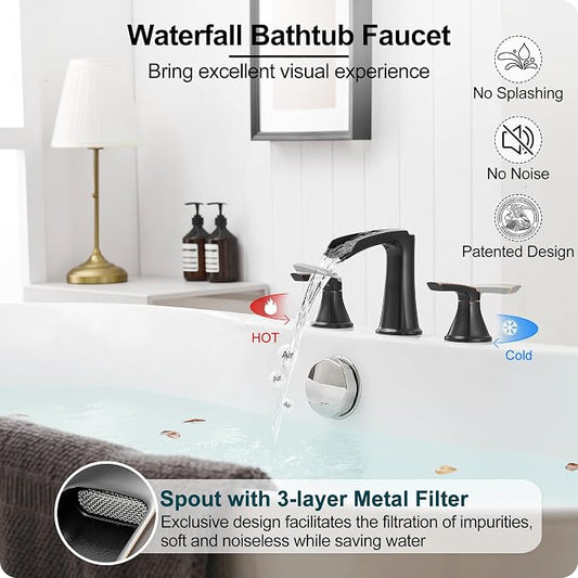 Waterfall Bathtub Faucet Oil Rubbed Bronze, Brass Bath Tub Faucet Set 3 Hole, 8 Inch High Flow Roman Tub Faucet, 2 Handle Deck Mount Bathtub Faucets Widespread with Water Hose for Farmhouse