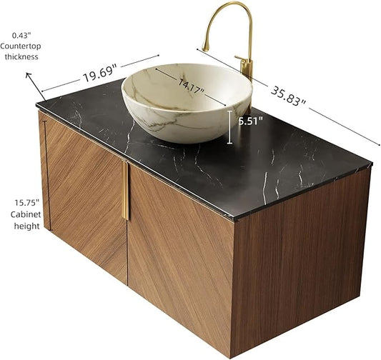 36 Inch Bathroom Vanity with Sink Combo, Floating Vanity Bathroom with Vessel Sink, Modern Bathroom Vanity Cabinet with Doors, Sintered Stone Countertop and Bowl Sink,Brown Oak