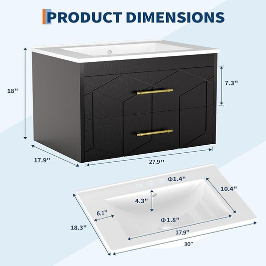 Garvee 30" Bathroom Vanity with Sink, Floating Bathroom Vanity with Ceramic Basin, 2 Large Storage Drawers with Gold Metal Handle, Modern Wall Mounted Bathroom Cabinet with Sink, Black