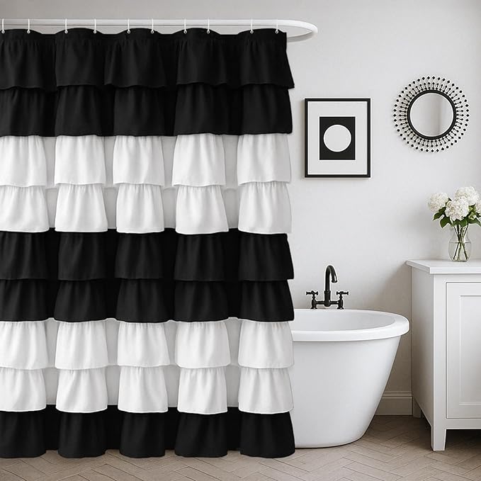 Seasonwood Ruffle Shower Curtain Black and White Shower Curtain, 72" x 72" | Cascading full-length fabric tiers, soft dimensional texture, vintage shabby chic styling for decorative bathroom updates
