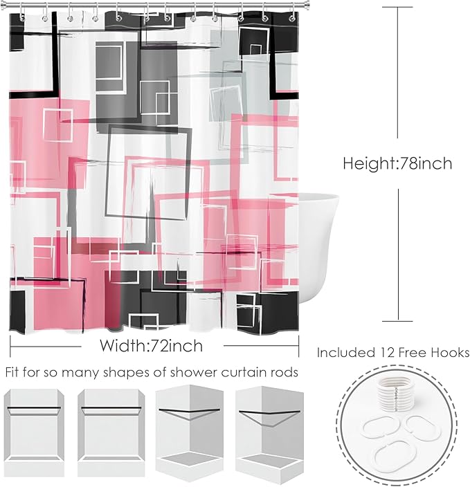 Pink and White Geometric Modern Shower Curtain for Bathroom Decor,Black and Grey Abstract Striped Shower Curtain with Hooks Mid Century Minimalist Bathroom Shower Curtain Set,78L X 72W inches
