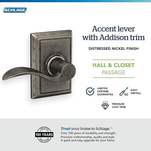 Schlage Lock Company Addison Trim with Accent Hall and Closet Lever, Distressed Nickel (F10 ACC 621 ADD)