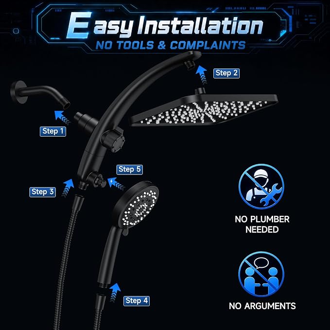 Veken 12" Rain Shower Head with Handheld,High Pressure Power Wash,Magnetic | Dual Shower Heads Combo,8-Mode Hand Held Spray with Hose,Double Detachable Rainfall Showerhead,Best Matte Black Shower System