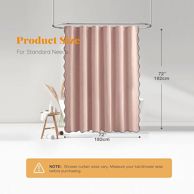 BTTN Blush Pink Scalloped Shower Curtain, Boho Linen Textured Heavy Duty Fabric Shower Curtain Set with 12 Plastic Hooks, Modern Cute Waterproof Shower Curtains with Black Edge for Bathroom, 72x72