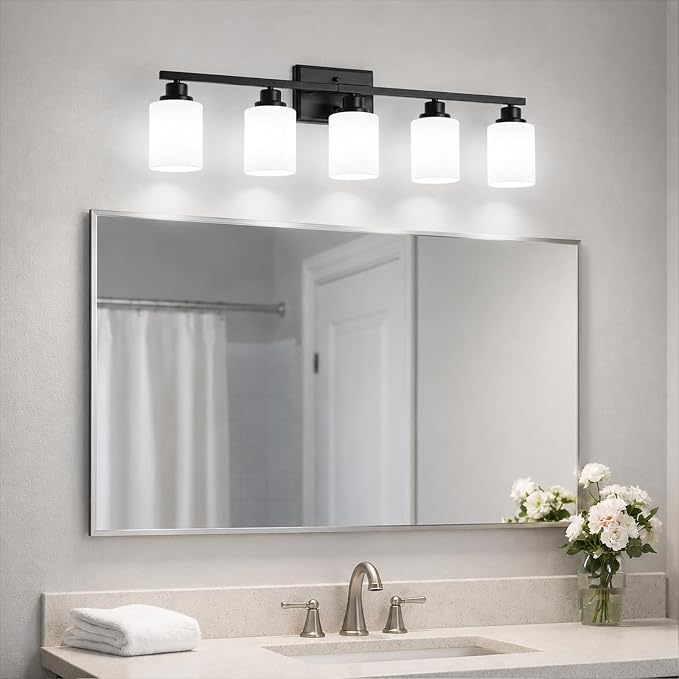 Unicozin 5-Light Bathroom Light Fixtures, Modern Black Vanity Light Over Mirror, Wall Sconces with Milky White Glass Shades for Living Room Bedroom Hallway E26 Base
