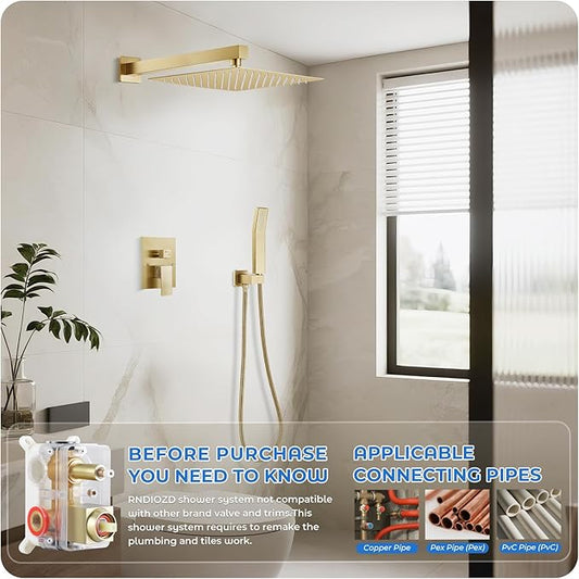 Shower Faucet Set, 10 Inch Rain Shower with Handheld, Brushed Gold | Pressure Balance Valve, 2-Function Shower System, Wall Mounted, 10-Inch Rain Head, Handheld Spray, Anti-Scald Design