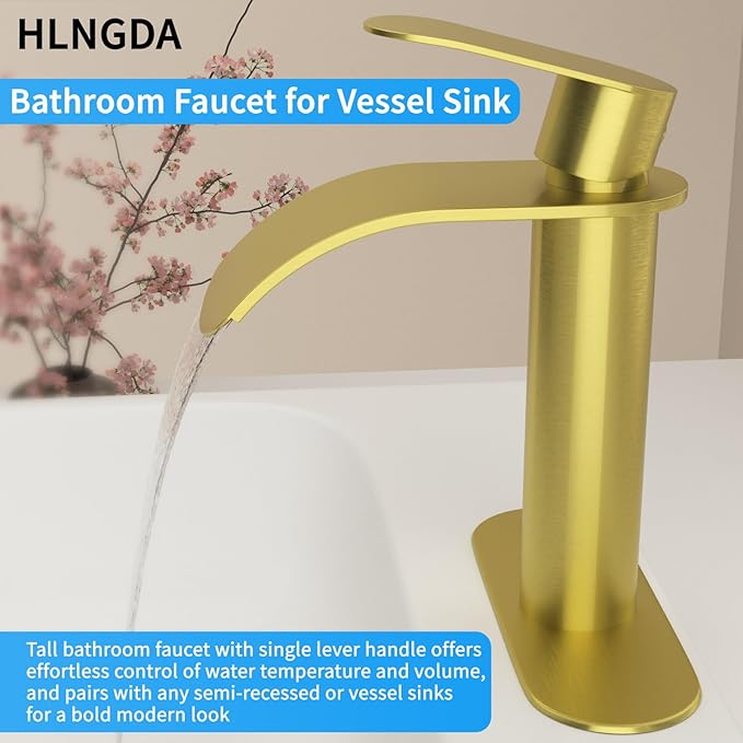 Vessel Sink Faucet,1 Hole Single Handle Tall Bathroom Vanity Faucets,Faucet for Bathroom Sink Modern Utility with Metal Pop Up Drain,Rv Lavatory Faucet Basin Mix Tap Solid Brass,Brushed Gold