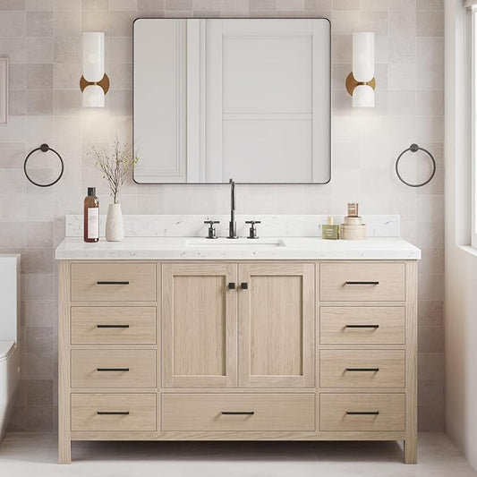 ARIEL Cambridge 60-inch Bathroom Vanity Base Cabinet,Solid Wood, 2 Soft Closing Doors, 9 Dovetail Drawers, White Oak