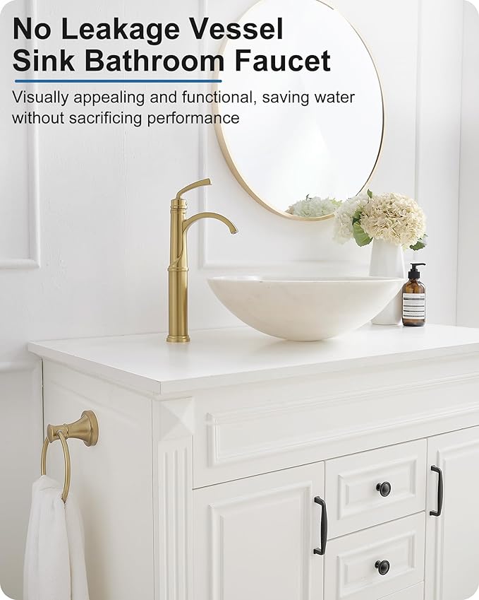 Tall Vessel Sink Faucet, Brass Waterfall Bathroom Sink Faucet Single Handle, Gold Bathroom Faucet 1 Hole, Tall Bathroom Faucets with Pop-Up Drain Water Supply Hoses
