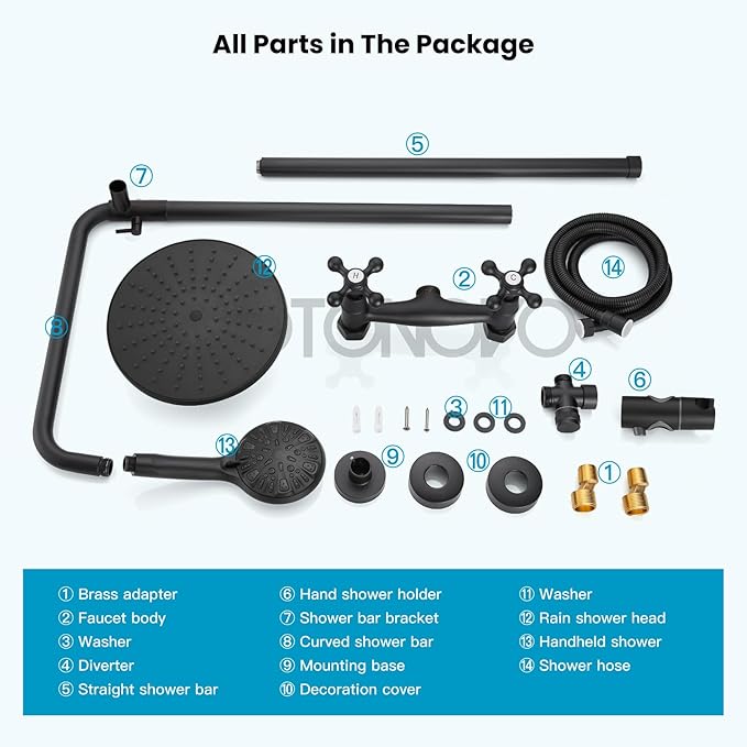 gotonovo Exposed Shower Faucet System 8 Inch Rainfall Shower Head with 8 Function ABS Handheld and Double Cross Handle Wall Mounted Bathroom Luxury Mixer Shower Horizontal Faucet Body Matte Black