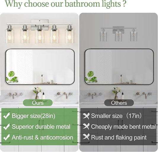 MOKATNG 5-Light Bathroom Light Fixtures, Vanity Light with Clear Glass Shades, Brushed Nickel Bathroom Light Fixtures Over Mirror, Modern Bathroom Wall Lamp for Mirror Living Room Cabinet Bedroom