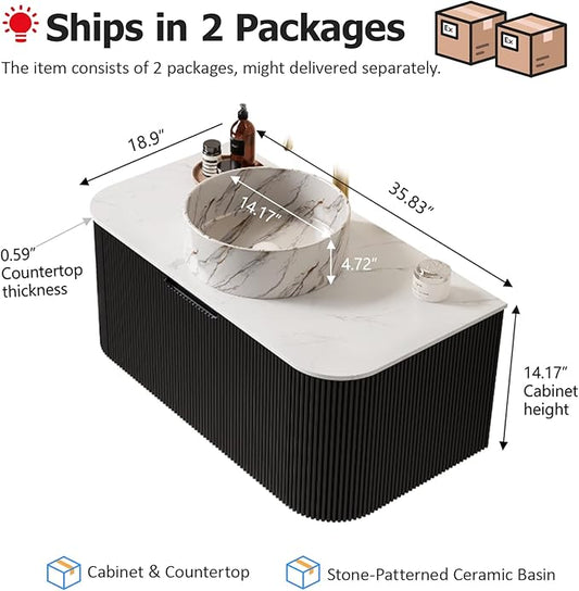 36" Floating Bathroom Vanity with Sink, Natural Solid Wood Modern Storage Cabinet with Ultra-Thin Stone Pattern Ceramic Basin and Marble Top, Soft-Close Design, Pre-Assembled, Gloss Black