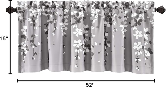 Lush Decor Weeping Flower Light Filtering Valance, 52" W x 18" L + 2" Header, Gray - Floral Curtains - Valance Curtains - Bathroom & Kitchen Valances for Windows - Cottage & Farmhouse Home Decor