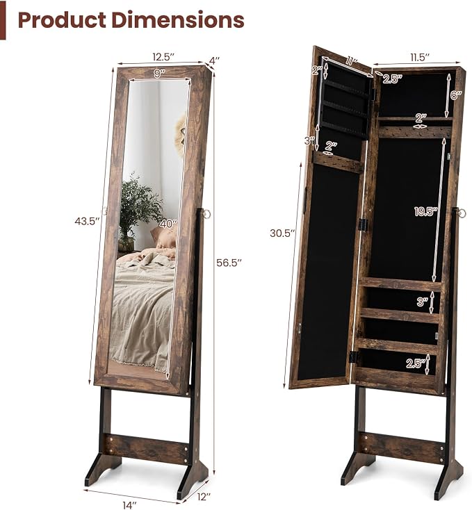 MAT EXPERT Jewelry Armoire Cabinet w/Full-Length Mirror, Jewelry Organizer Standing Mirror w/ 4 Shelves, 3 Adjustable Angles, Anti-toppling, Jewelry Cabinet for Bedroom, Living Room, Rustic Brown