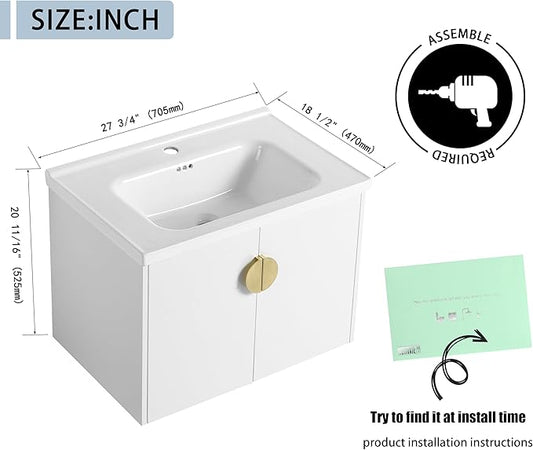 28" Bathroom Vanity with Sink,28 Inch Floating Vanity,Single Sink Wall Mounted Vanity Combo, Modern Wall Mounted Cabinet Set with Ceramic Sink,White
